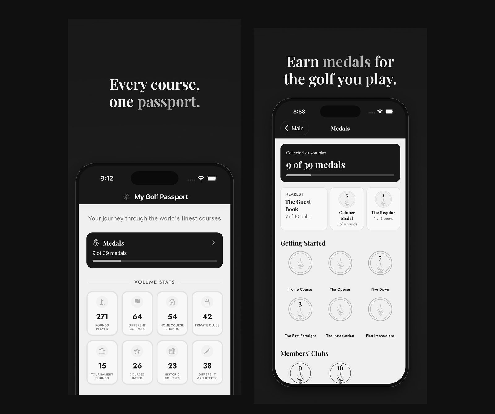 Two Fescued app screens: the passport and medals